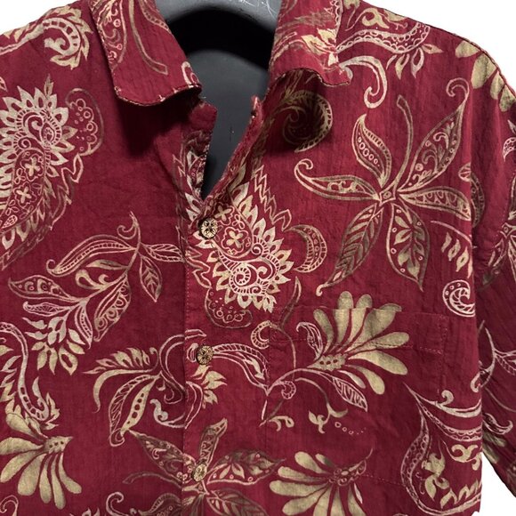 Caribbean Men’s Large Maroon Leaf Print Short Sleeve Shirt 2000s Cotton Blend - Picture 5 of 12